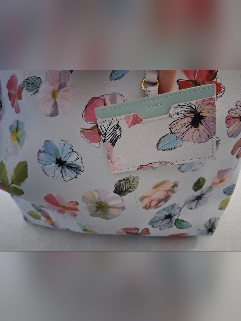 Indigo/ Floral Print Tote Bag with Mint Inside/ Card Holder - Picture 9 of 16
